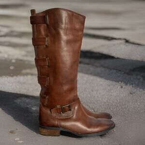 ARTURO CHIANG Brown Leather Tall Heeled Boots Riding Size 9 Stacked Heel